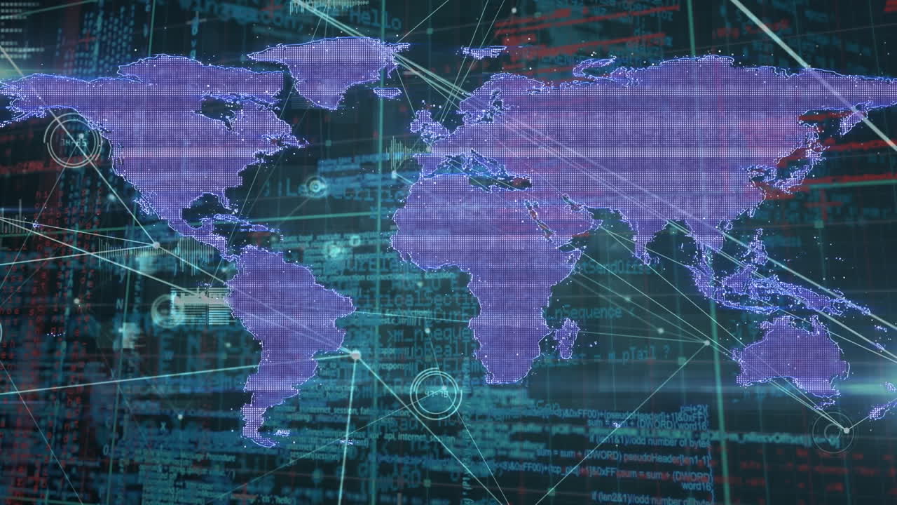 Animation of world map over network of connections and data processing
