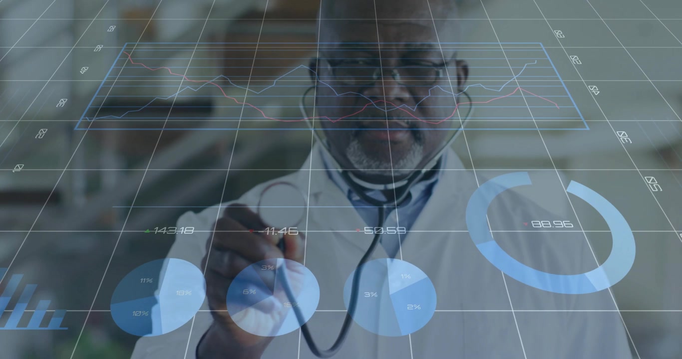 Doctor adjusting stethoscope against transparent grid, generating medical charts for diagnostics