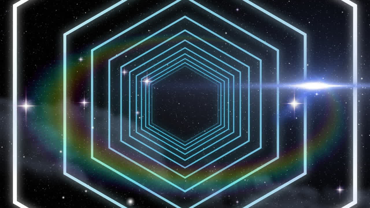 우주 에서 빛나는 별 들 과 대비 하여 원활 한 움직임 을 보이는 육각형 모양 의 디지털 애니메이션