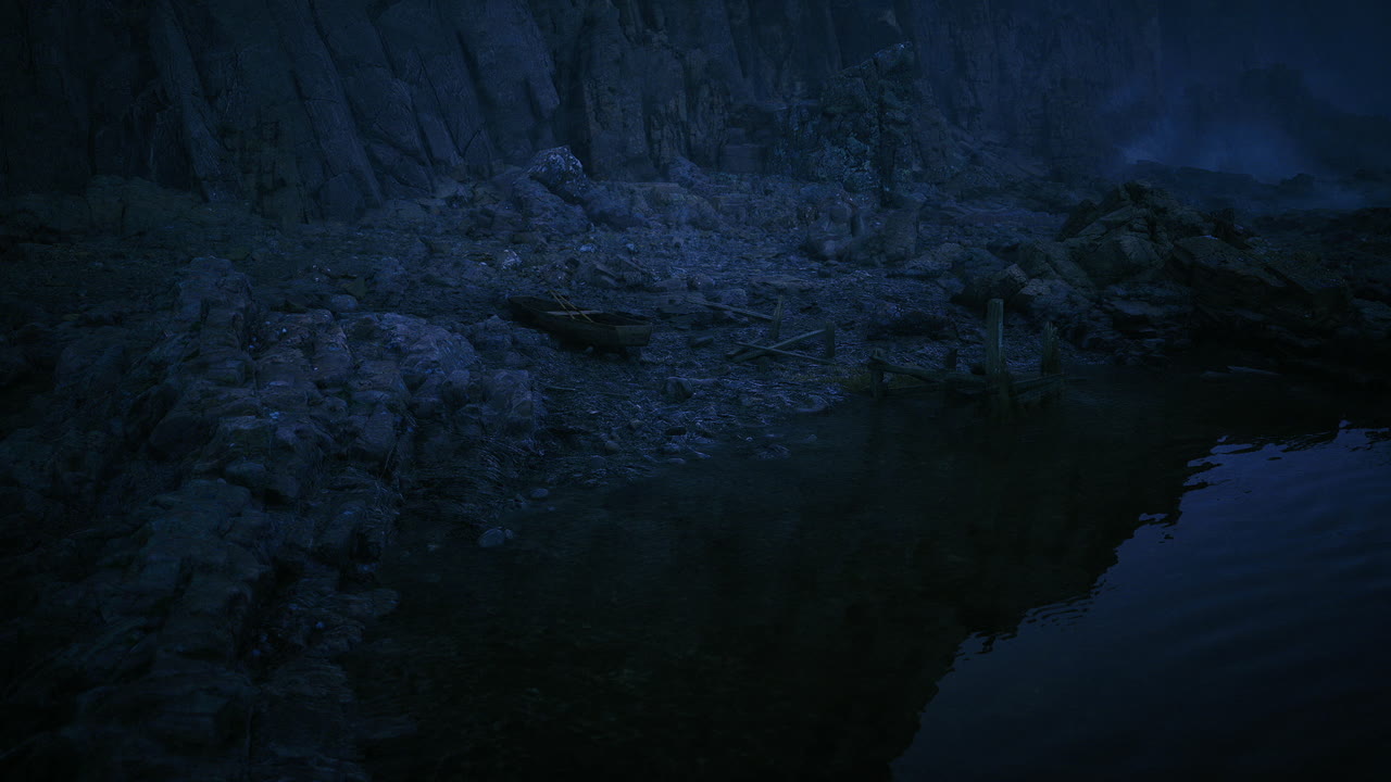 Tranquil moonlit coast with shimmering ripples and quiet fog