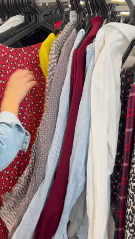 a girl in a vintage shop a young girl chooses things on a hanger in a store second hand a customer in a vintage store a young girl chooses things on a hanger in a store second hand shop cheap shop shop discounts
