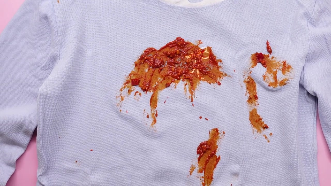 Stained Light Blue Sweatshirt with Tomato Sauce Spill