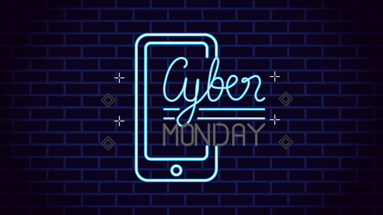 etiqueta de luz de neón del lunes cibernético con teléfono inteligente
