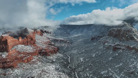 Sedona-In-Winter-Snow-In-Arizona---Aerial-Shot