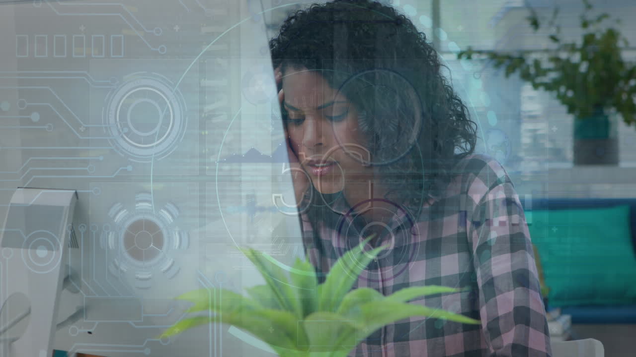 Animation of data processing over biracial businesswoman using phone headphone in office