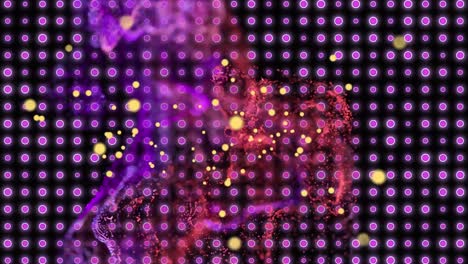 animación de un patrón brillante rosa con bitcoins amarillos y un signo de dólar sobre un fondo abstracto