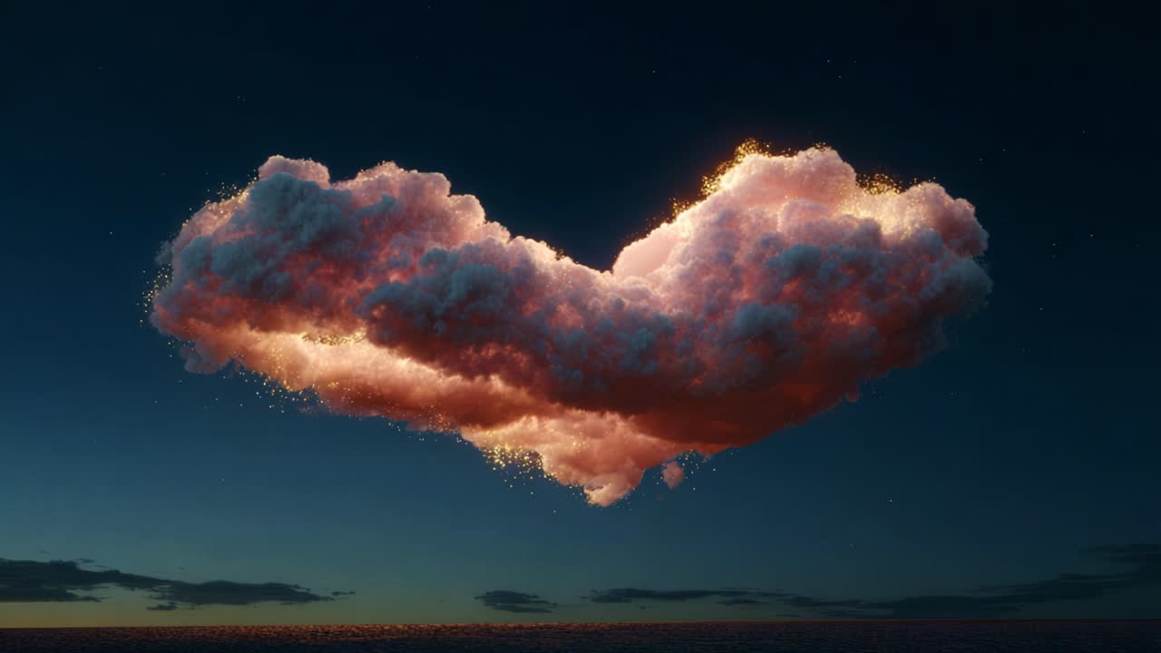 A breathtaking scene of a heart-shaped cloud formation illuminated by golden sparkles against a serene twilight sky, evoking a sense of wonder and tranquility in nature's canvas