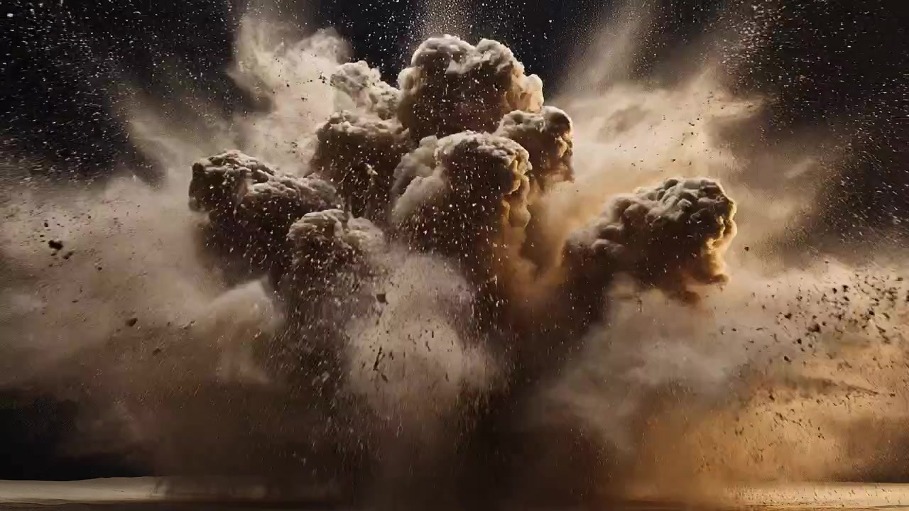 Esplosione di sabbia cinematografica congelata nel tempo su sfondo nero