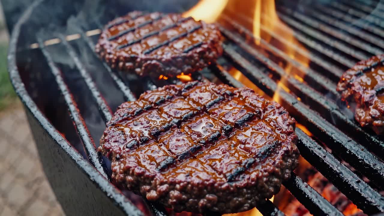 Hamburger succulenti che sfrigolano su una griglia rovente con fiamme