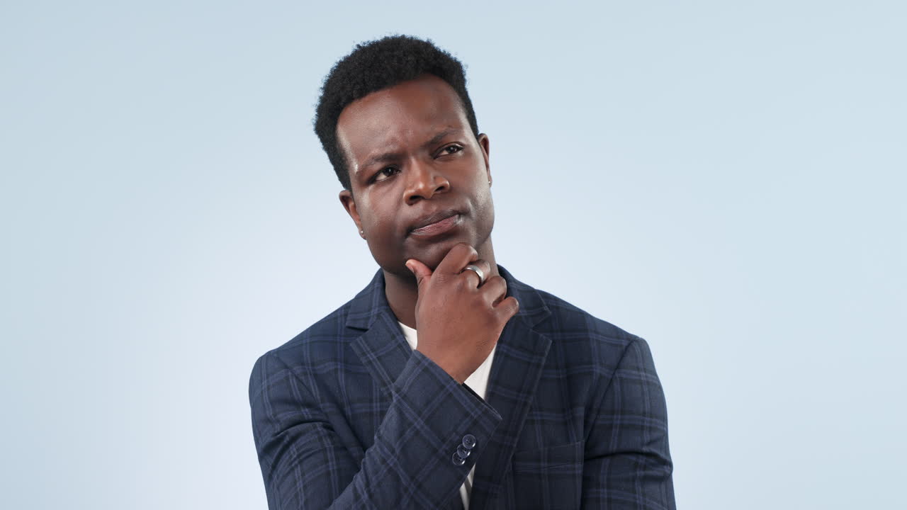 Thinking, solution and black man with idea