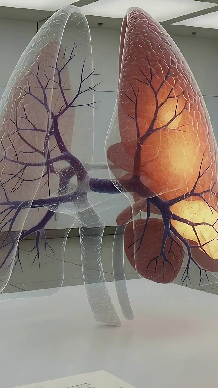 Vertical video: Motor spinning lung model showing glowing orb, right lobe lit for gallery label