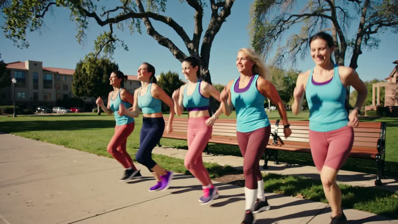 Cinque donne che fanno jogging iniziano la routine, eseguendo la marcia a ginocchia alte al parco per tenersi in forma, con top color turchese