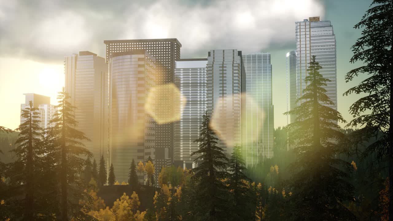 해가 지는 동안의 마천루와 공원 나무