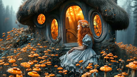 enchanted girl in a whimsical dress among vibrant mushrooms at dusk