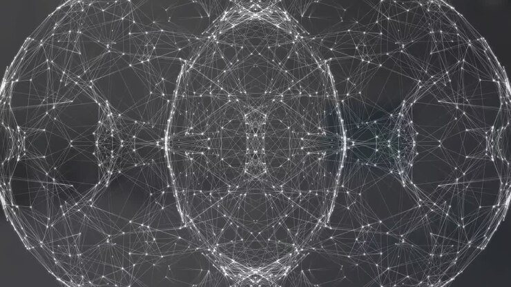 Animation of network of connections forming circular and geometric shapes against grey background