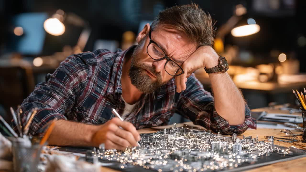 An Engaged Artist Focuses on Creating a Detailed Architectural Model, Capturing the Intricate Designs and Elements in a Dedicated Workspace Atmosphere