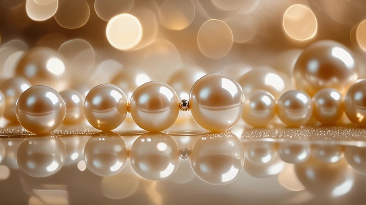 Elegante filo di perle lucenti su una superficie riflettente