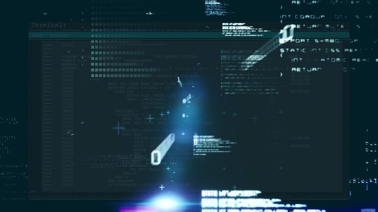 Animation of data processing and binary coding on blue background