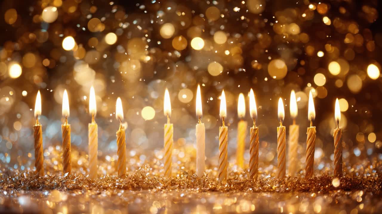 Una splendida esposizione di candeline di compleanno luminose, che proiettano una luce soffusa su uno sfondo scintillante e bokeh, creando un'atmosfera magica per la celebrazione