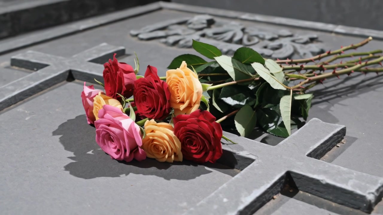 Telecamera che si sposta, rivelando un bouquet multicolore appoggiato su una lapide di pietra, mostrando un'ombra proiettata.