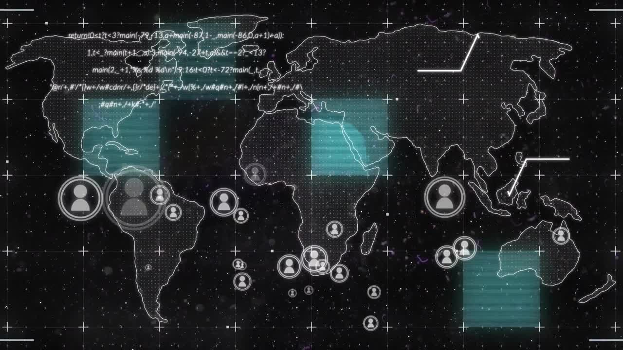 animación de senderos de luz e íconos de perfil sobre el mapa del mundo y procesamiento de datos sobre fondo negro.