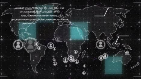 animation of light trails and profile icons over world map and data processing on black background