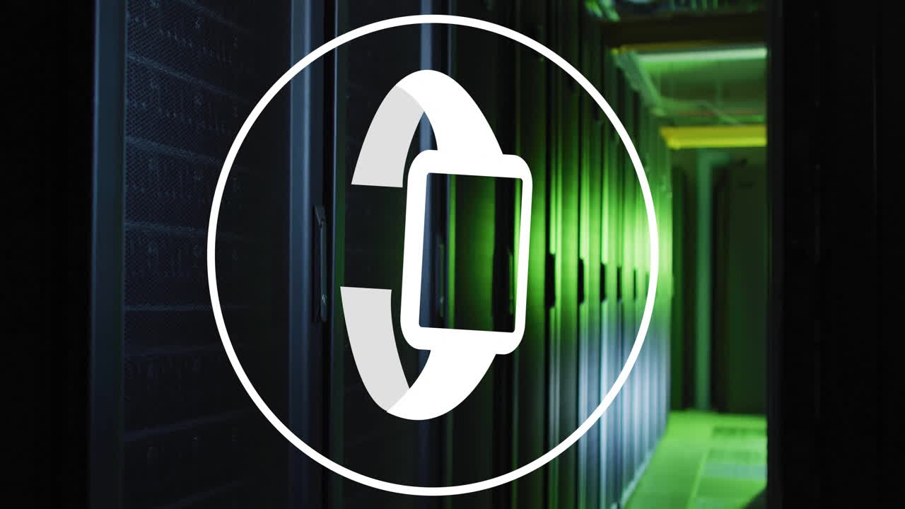Smartwatch icon animation over server racks in data center