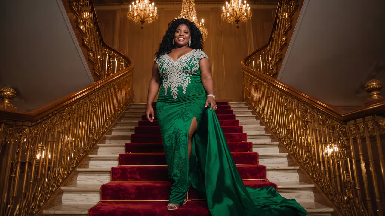 Descending woman holding emerald train, walking red-carpet stairs as camera moving in for portrait