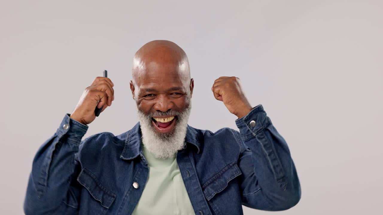 Fist, win and man celebrate phone call