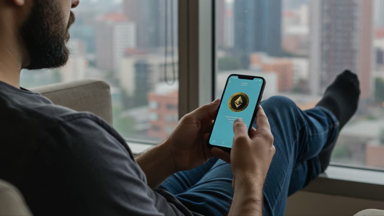 A person interacting with a mobile phone displaying cryptocurrency information while seated comfortably indoors, highlighting the blend of technology and modern lifestyle