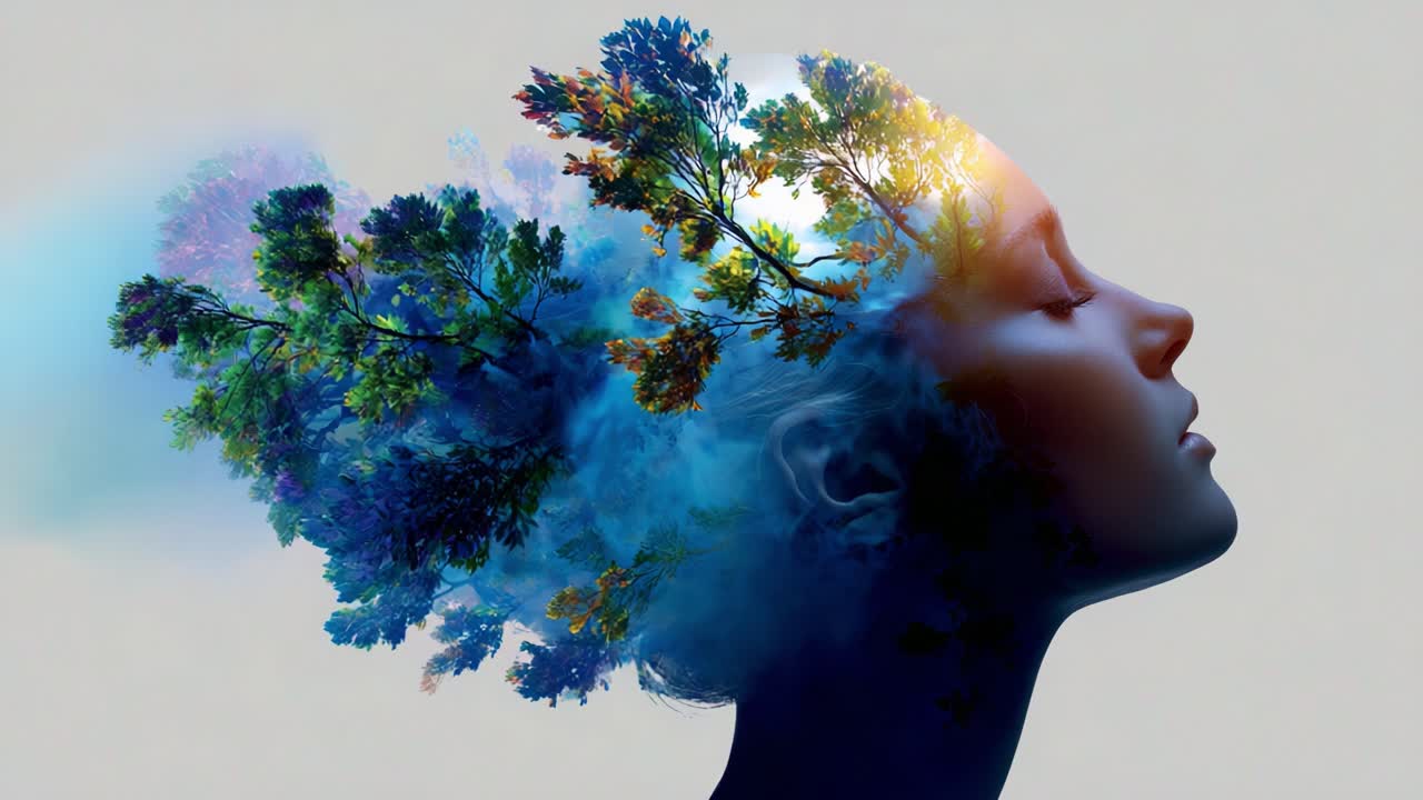 A Serene Portrait of Nature's Embrace: A Woman's Profile Merges with Lush Flora, Representing a Deep Connection Between Humanity and the Environment in Visual Harmony