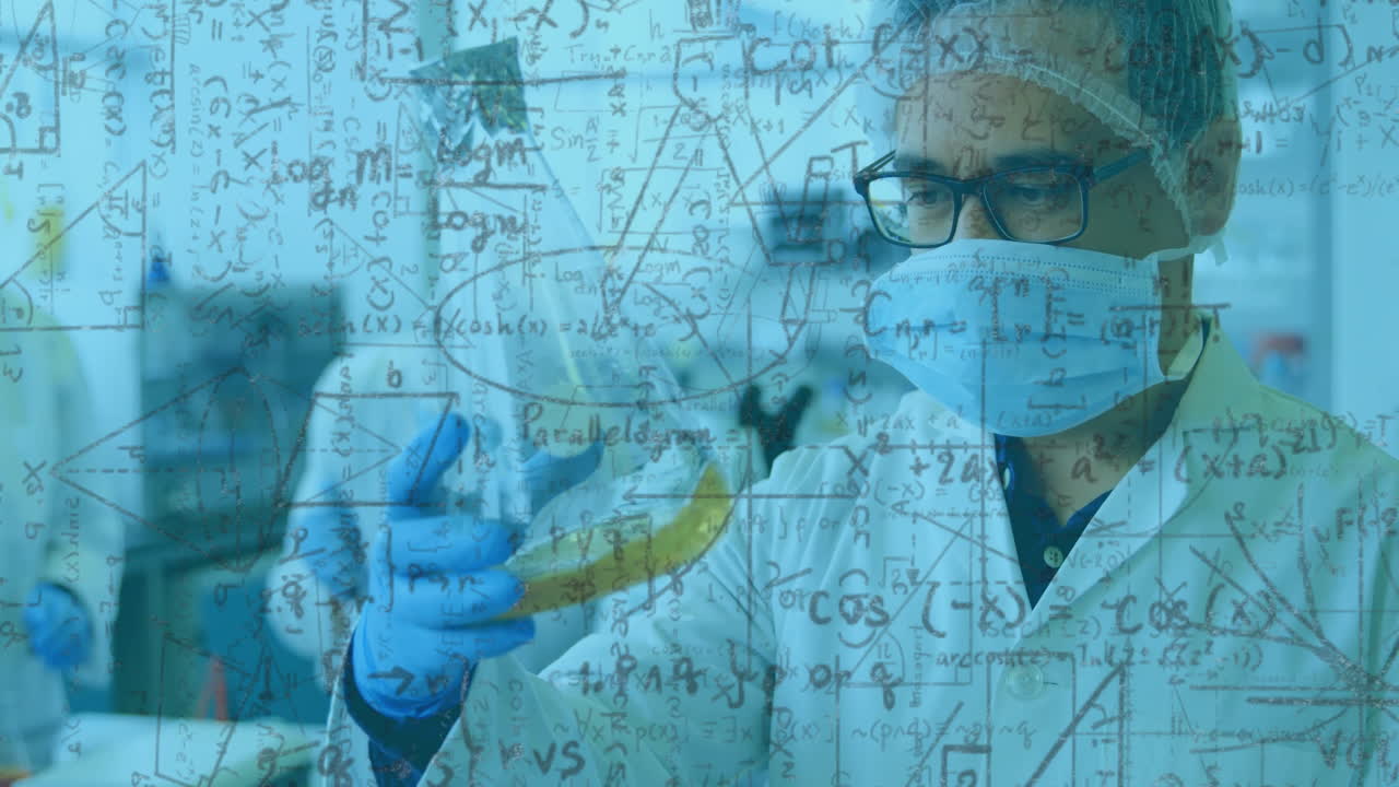 fórmulas y ecuaciones científicas animación sobre científicos que llevan a cabo experimentos en el laboratorio