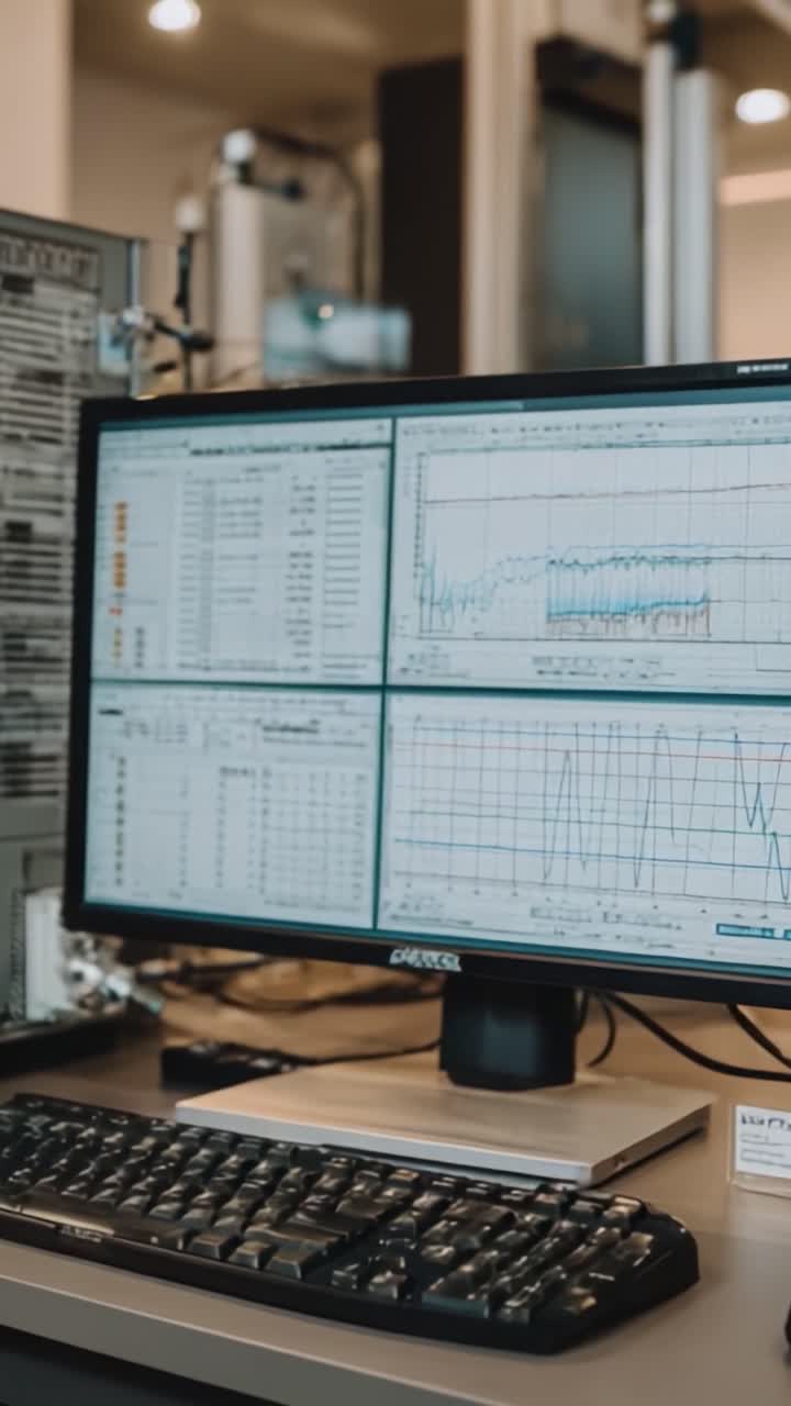 A High-Tech Computer Displaying Analytical Data with Detailed Graphs and Statistical Tables for Precise Data Interpretation and Evaluation in a Modern Workspace
