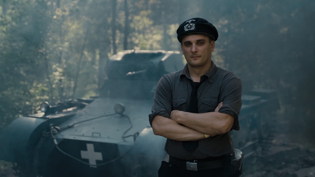 WWII Soldier in Front of Tank