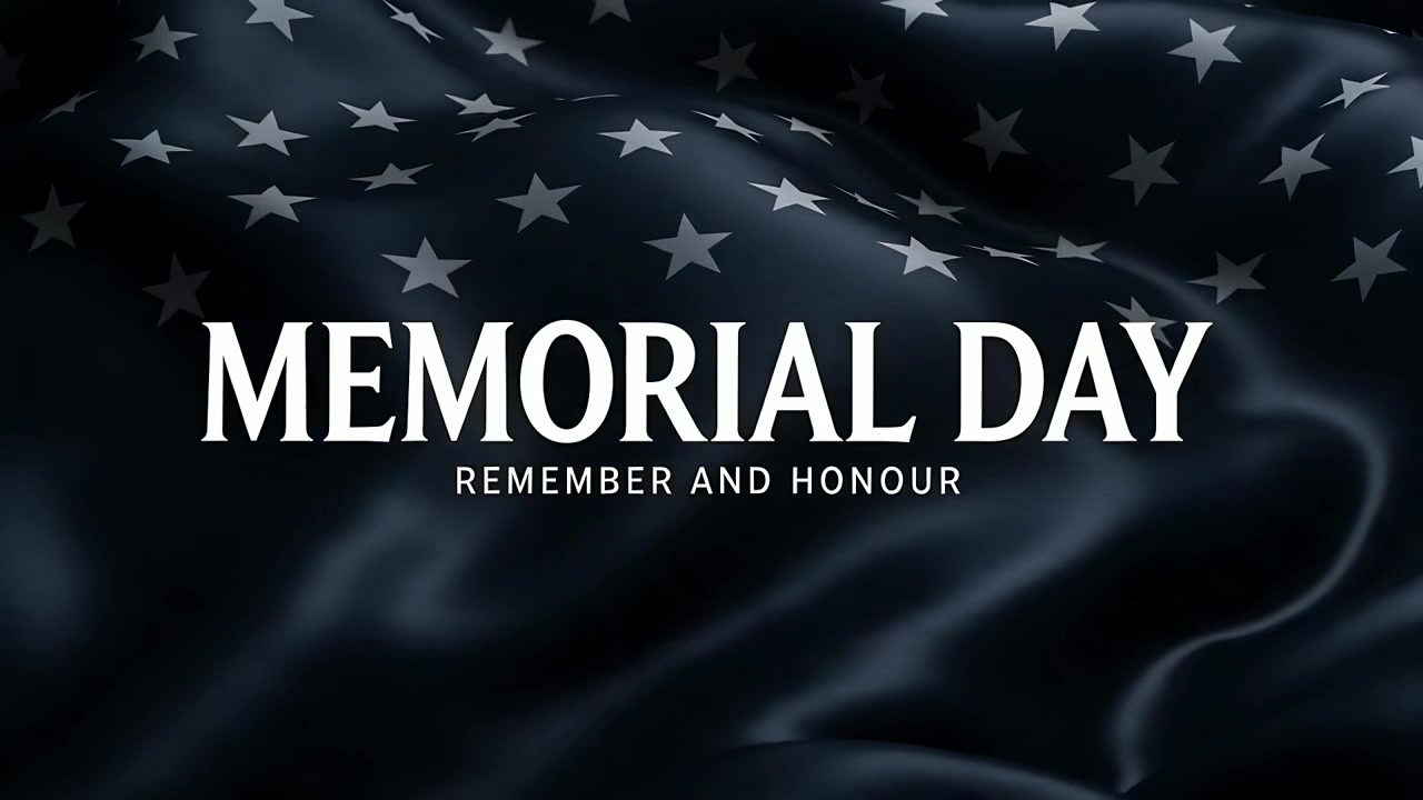 Mostrando MEMORIAL DAY, RICORDA E ONORE su una schermata del titolo mentre i fotogrammi mostrano una bandiera di seta che sventola