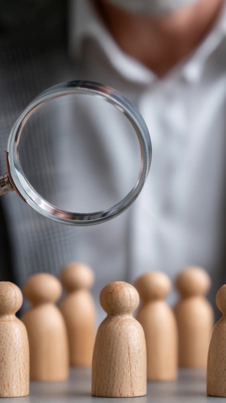 Examining Individuals: A Close-Up View Through a Magnifying Glass Focused on Wooden Figurines Symbolizing Evaluation and Analysis in a Professional Setting
