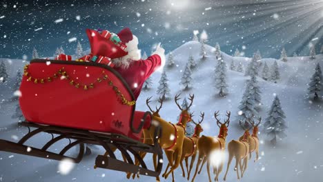 Santa-in-sleigh-with-reindeer-flying-with-Winter-forest