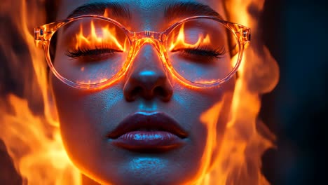 young woman with glasses surrounded by vibrant flames at night