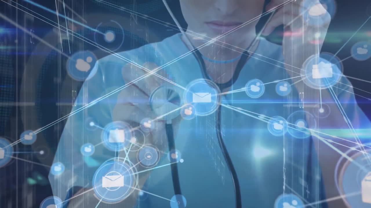 스테토스코프로 검사하는 백인 의사 위의 선과 연결되는 메일 아이콘의 애니메이션