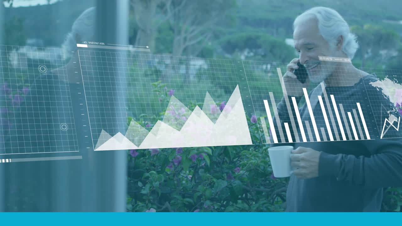 정원에서 스마트폰으로 대화하는 백인 노인에 대한 데이터 처리의 애니메이션