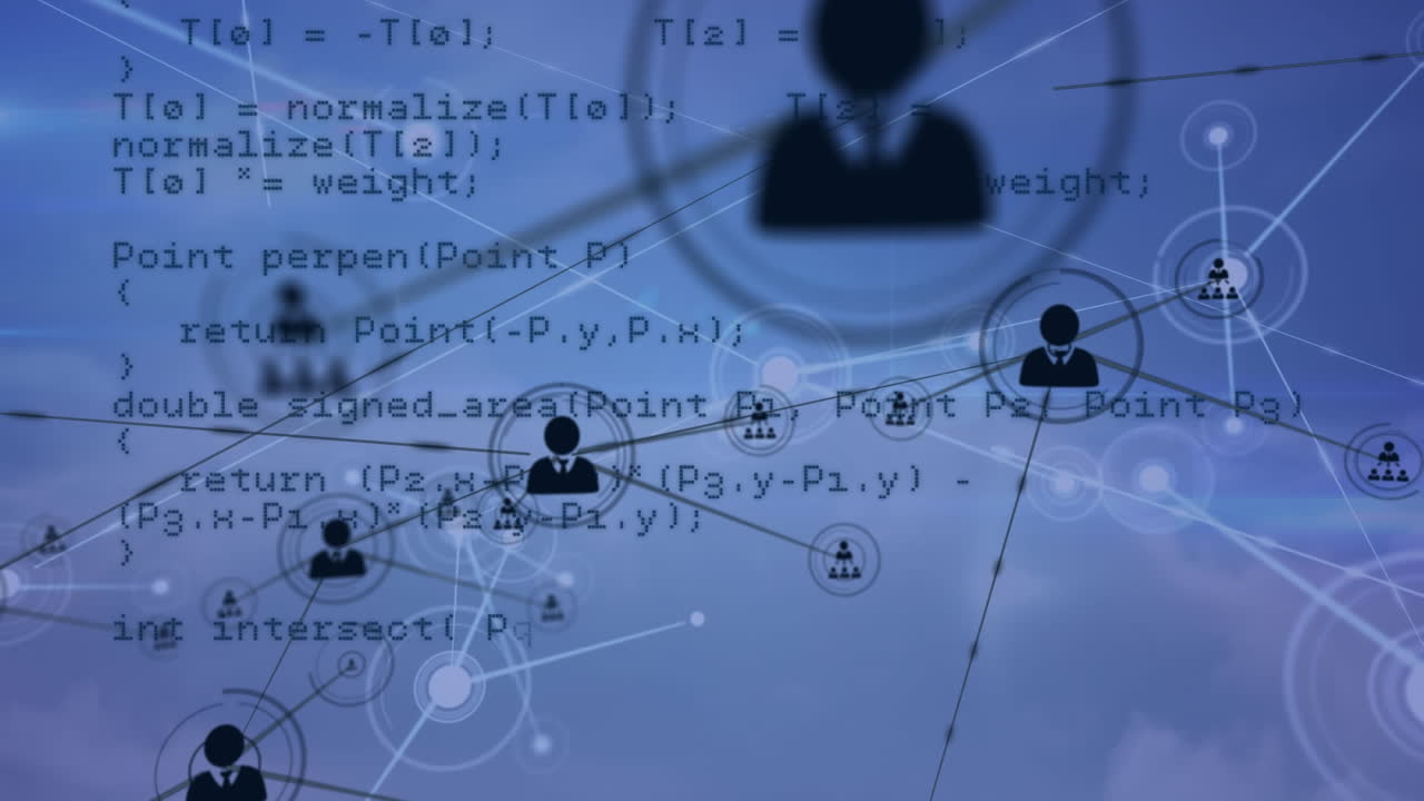 animación de la red de conexiones con iconos digitales y procesamiento de datos sobre fondo azul