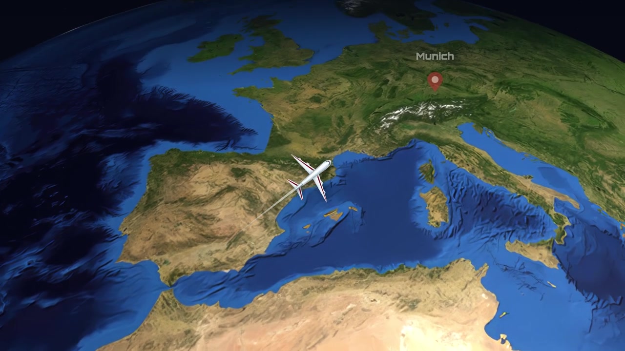 Satellite view animation tracks a commercial airplane flying from South America to Central Europe
