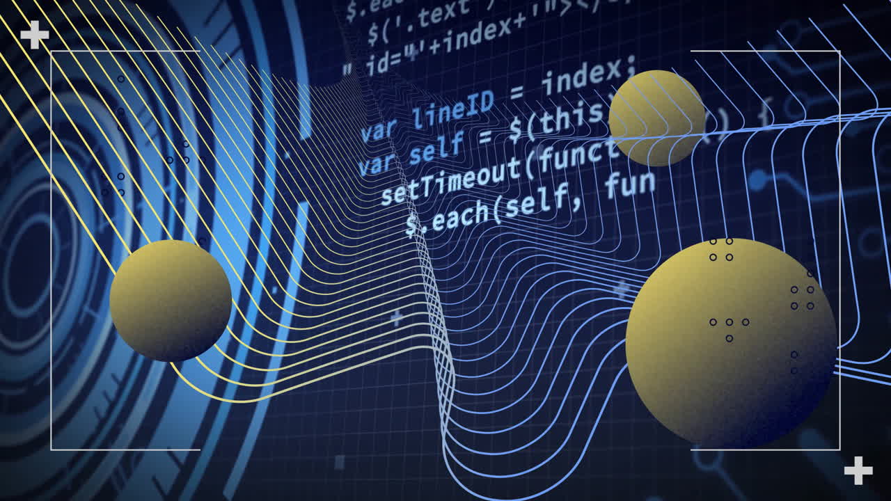 Animation of 3D spheres with wavy lines on dark grid background