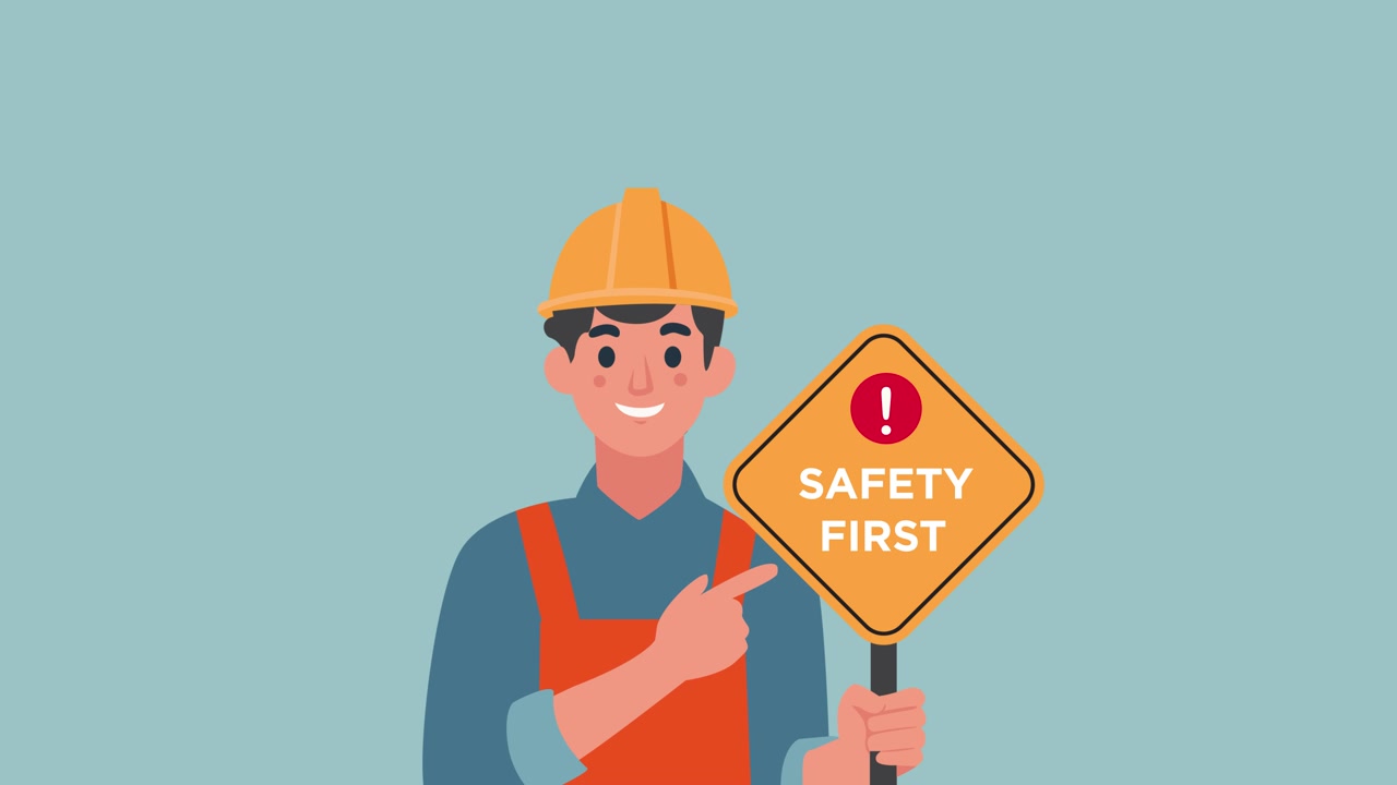 Animated Construction Worker Pointing to a Safety First Sign