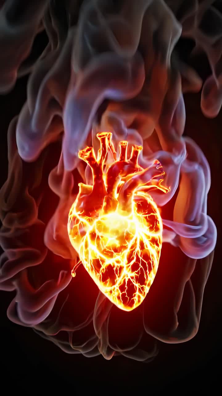 A glowing heart surrounded by swirling smoke, captured from a low angle