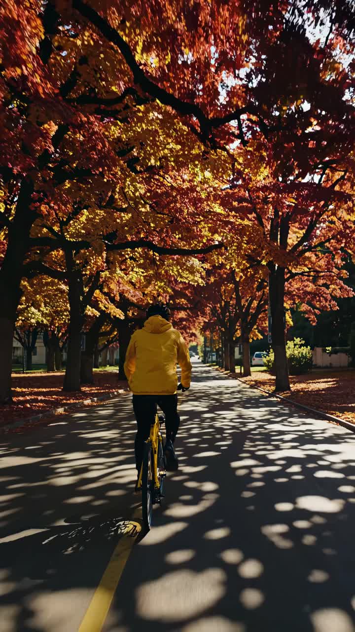 A dynamic video captures a cyclist in a yellow jacket riding through a sunlit autumn path