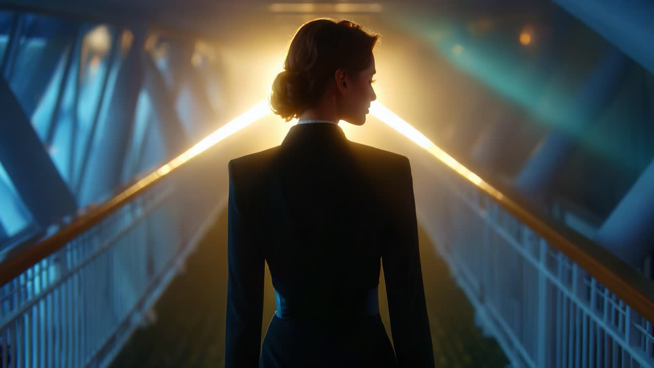 A Mysterious Figure in a Black Attire Stands at the End of a Illuminated Passageway, Framed by Ethereal Light, Creating an Aura of Intrigue, Elegance, and Anticipation for What Lies Ahead