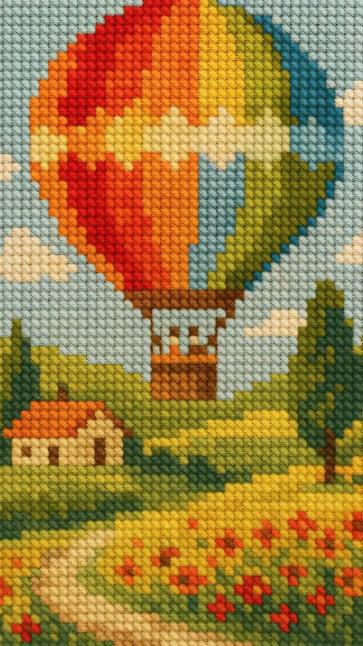 Aerial video style captures a vibrant cross-stitch of a hot air balloon over a scenic landscape