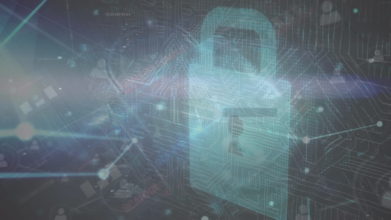 animación de la red de conexiones con procesamiento de datos sobre el icono del candado