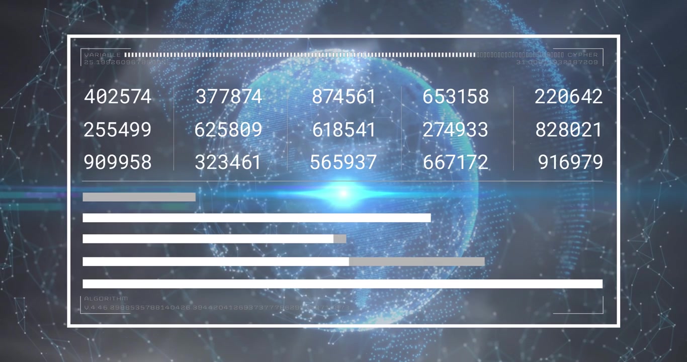 Animation of digital screen with changing numbers and loading bars over globe with connected dots